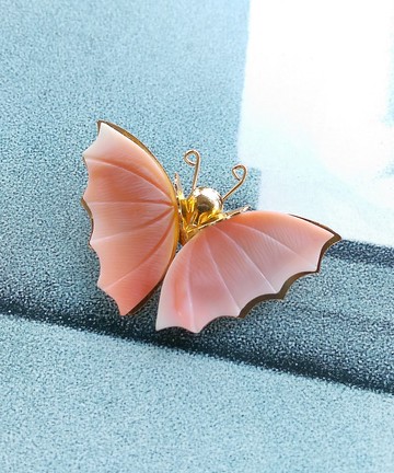 Vintage Jewelry 西洋古董飾品  早期手工貝殼 粉色調蝴蝶 別針