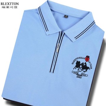 夏季短袖拉鏈t恤男高檔t冰絲光棉男裝上衣薄翻領POLO衫天藍淺藍色