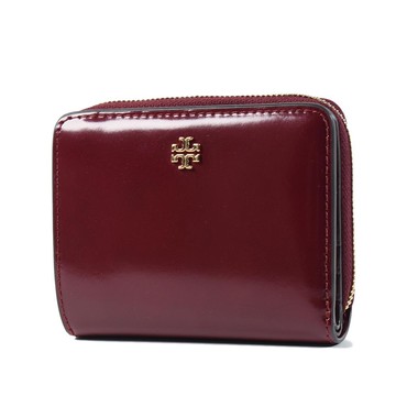 TORY BURCH 金字LOGO亮面釦式對開短夾-酒紅
