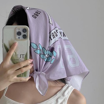 春季淺紫色棉方巾絲巾女抹胸美式復古頭巾包頭夏天防曬圍脖薄圍巾