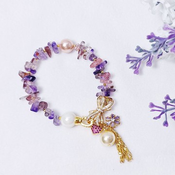 頂級超七水晶隨型石 清透 七脈輪 貝珠 蝴蝶結 智慧 手鍊 禮物