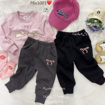 🌈✨mix1001厚🔥刷毛 質感刺繡粉紅蝴蝶結棉褲✨兒童刷毛縮腳9分褲5-17