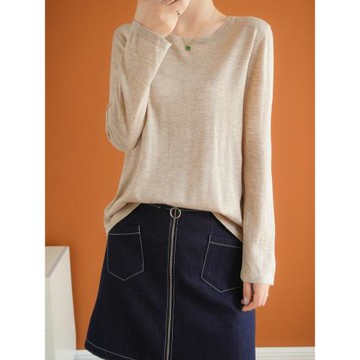 美麗諾超細羊毛打底衫2024年秋冬新款寬松圓領薄款精紡毛衣女針織