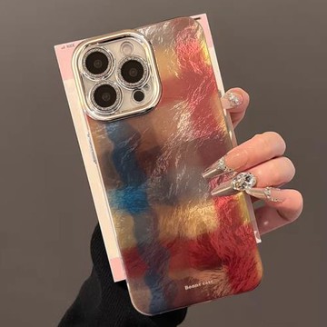 格紋防摔手機殼適用蘋果16promax自帶閃粉鏡頭膜iphone15高級感簡約14暈染冰川紋13新款女硅膠16plus保護套12