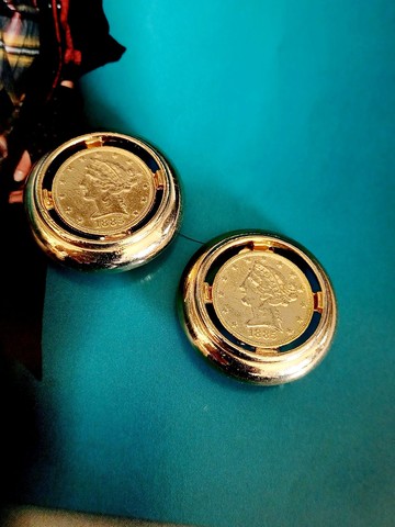 vintage jewelry  復古金幣裝飾 夾式耳環