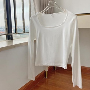 短款修身內搭長袖方領棉質白t恤上衣低領小個子短裝洋氣打底衫女