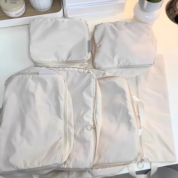 高質感 絲柔質感行李箱收納袋6件組 325g  伸縮款40 x 30 x 10cm 36 x 26 x 10cm 睡衣袋32 x 22 x 10cm 衣物袋22 x 18 x 10cm 貼身衣物袋22 x 18 x 10cm 鞋袋41 x 22cm  絲柔米白