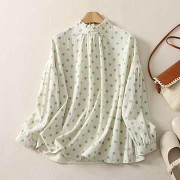 【ACheter】棉肌理感綠波點木耳領上衣 落肩燈籠長袖寬鬆短版上衣# 124420