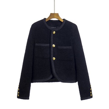 楊冪同款黑色羊毛粗花呢單排扣短款外套女秋冬開衫法式名媛上衣潮