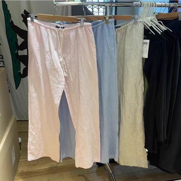 BM春夏季薄款粉色條紋運動褲棉麻褲子女士休閑顯瘦闊腿美式工裝褲