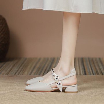 真皮包頭涼鞋女粗跟2024春新款仙女風法式絲帶中跟氣質瑪麗珍單鞋