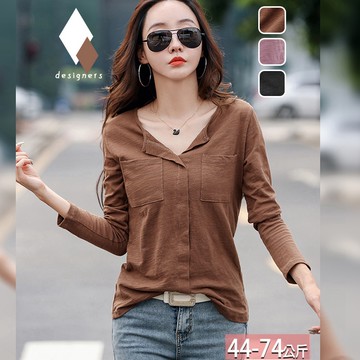 大V翻領純色雙口袋暗門襟上衣(3色) M-3XL【264241X】【現+預】☆流行前線☆