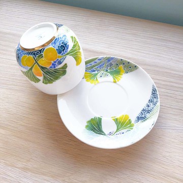 手工燒製。波粼荷畔手繪咖啡杯盤組。結婚喬遷。交換禮物