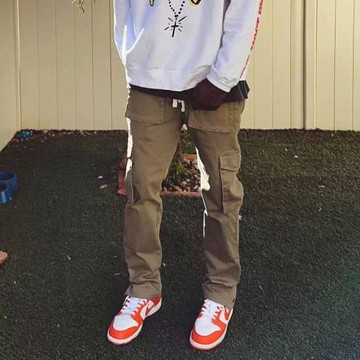 美式復古卡其色排扣工裝褲男歐美高街vibe微喇叭長褲機能沖鋒褲子