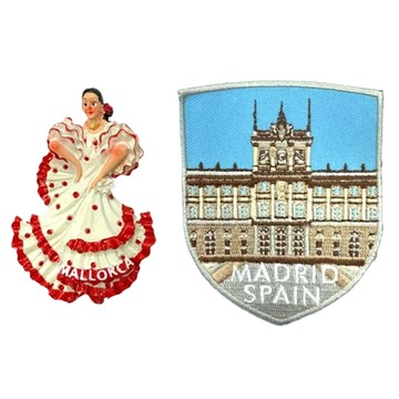 A-ONE 匯旺 西班牙馬略卡島舞女外國地標磁鐵 + 西班牙 馬德里皇宮肩章 2件組  多色  2.20 x 3.43吋 + 2.5 x 3.1吋
