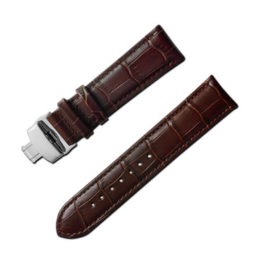 Watchband 經典復刻時尚指標壓紋真皮雙邊壓扣錶帶 棕x銀扣
