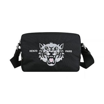 KENZO Varsity Happy Tiger繡字LOGO老虎圖案尼龍拉鍊斜背包(黑)