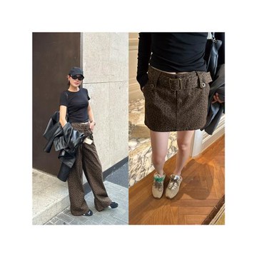 YANGLE_豹紋休閑褲女2025年新款春季純棉高腰闊腿寬松直筒拖地褲