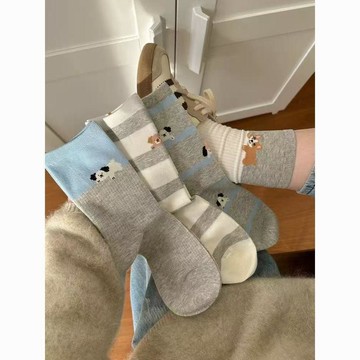【4雙裝】秋季襪子 小腿襪 中筒襪子 女生襪子 學生襪子 可愛ins潮韓版條紋小狗襪子女中筒襪子薄款可愛日系卡通條紋撞色