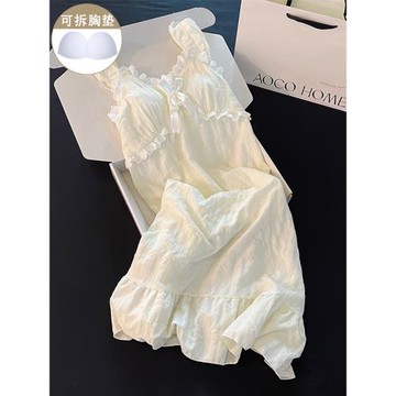 甜美睡衣女新款夏季純棉帶胸墊白色性感吊帶睡裙小個子寬松家居服