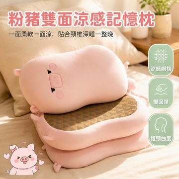 🐰歡喜兔🐰 記憶棉護頸枕 雙面涼席毛料枕 圓眼小豬造型枕 學生午睡專用枕 55x35公分可拆洗枕芯 辦公室午休枕
