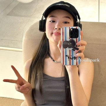 由里公園ins小眾少女撞色條紋小象支架15適用16pro蘋果16ProMax手機殼iPhone16全包12新款14Promax保護套13軟