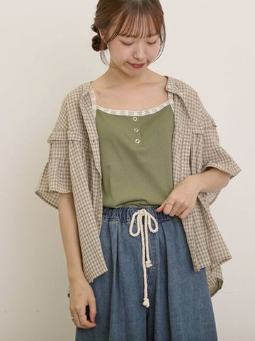 經典格紋荷葉邊排釦無領襯衫(0F000889110) - Samansa Mos2