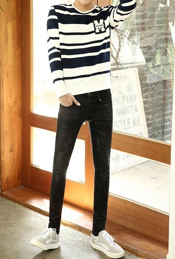 FINDSENSE Z1 韓國 時尚 潮 男 修身 彈力 貓須 黑色 小腳褲 九分褲 牛仔褲 學生褲