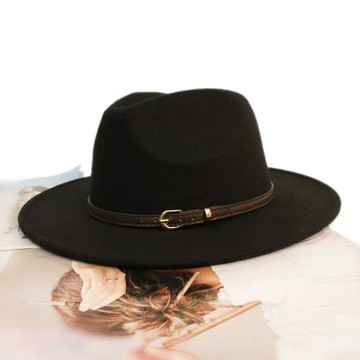 春秋冬細咖啡皮帶男女兒童保暖毛呢英倫騎士紳士爵士大檐藏氈禮帽