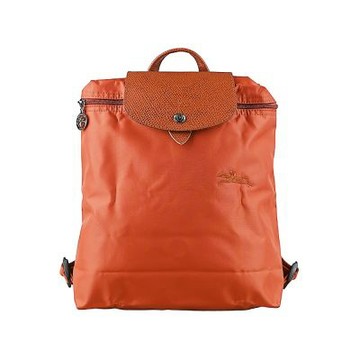 LONGCHAMP Le Pliage Green銀釦字母LOGO再生尼龍拉鍊壓釦折疊式後背包(M/栗子色)