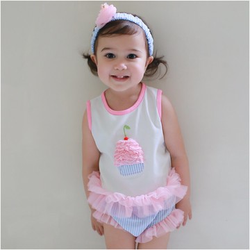 無袖套裝 立體蛋糕 上衣 屁屁褲 女寶寶 附髮帶 Augelute Baby 32027