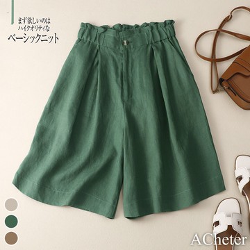 【ACheter】鬆緊腰頭原野棉麻寬鬆五分褲# 111931(現貨+預購)