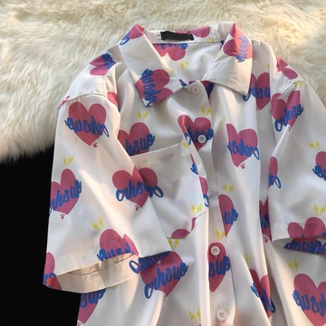 夏季新款滿印愛心襯衫女ins潮設計感復古寬松百搭短袖襯衫