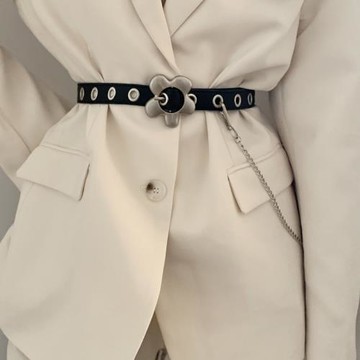 西裝女ins風黑色配毛衣腰帶