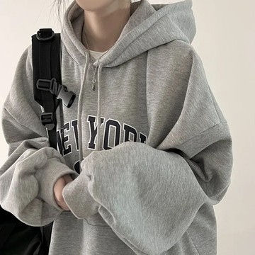 Vuja de  純棉  純灰色連帽衛衣  帽t  薄衛衣 長袖上衣 oversize   刷毛  設計感 英文印花上衣