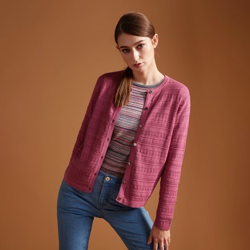 有機棉圓領開襟鏤花長袖針織外套(2色)