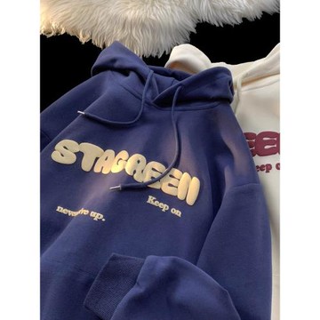 連帽衛衣男春秋2024新款字母發泡印花上衣美式復古重磅休閑外套潮