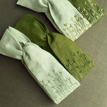 春芽 不對稱亞麻髮帶 湖水綠 沼澤綠 手工印染 手工刺繡