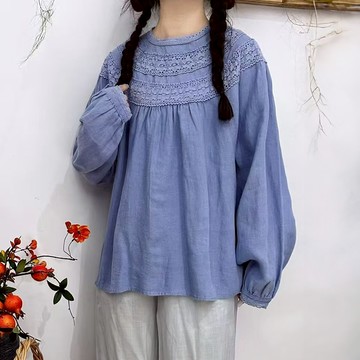 刺繡蕾絲拼接亞麻上衣364023
