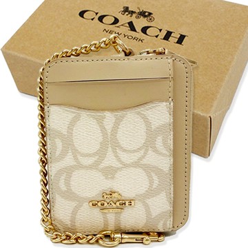 【COACH】C LOGO卡片名片鏈帶零錢包附禮盒(奶油白)