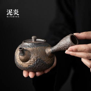 日式粗陶側把壺復古手工鎏金功夫泡茶壺家用單壺老巖泥過濾泡茶器