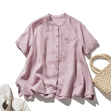 質感上乘亞麻短袖襯衫 亦可作為罩衫穿搭 100%亞麻 淺粉色 250513-2