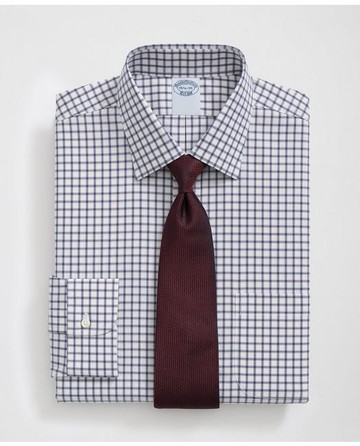 Brooks Brothers Men's Stretch Supima Cotton Non-Iron Pinpoint Oxford Ainsley Collar, Ticking Check Dress Shirt | Mazarine Blue | Size 16½ 33