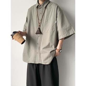 日系復古短袖襯衫男夏季五分袖oversize潮牌工裝休閑褶皺半袖外套