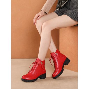 紅色休閑鞋旅游鞋厚底防滑女士馬丁靴2025年秋季新款粗跟真皮短靴