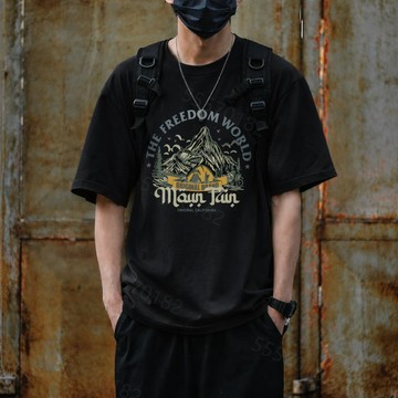 【日系山脈！隔日到貨】純棉短袖T恤日系上衣寬鬆大尺碼上衣山脈印花上衣男生T恤夏天短袖上衣重磅短t日系T恤日系夏裝男女同款