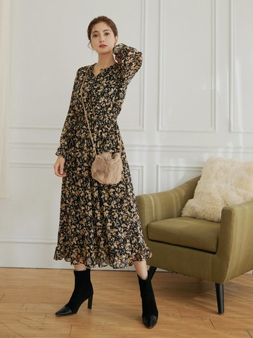 雪紡印花收腰拋袖長洋裝