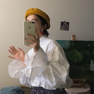 秋裝chic法式泡泡喇叭袖白襯衫女港味簡約百搭休閑長袖襯衣潮1入