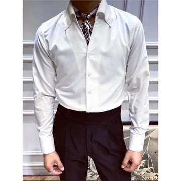 紳士范春夏新品男士商務休閑百搭免燙意式復古一片領修身翻領襯衫