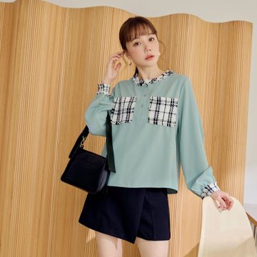 OB嚴選中大尺碼-小香風格紋拼接半開襟長袖上衣《AB20799》